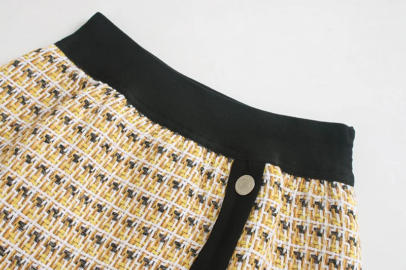 Женская юбка прямая элегантная Офисная Женская короткая мини-юбка винтажная Осенняя Женская твидовая юбка двубортная твидовая клетчатая