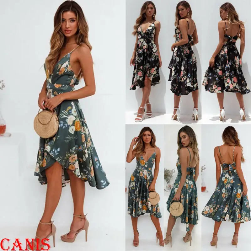 

Women floral print A-line Dress 2019 spring summer autumn V-collar sleeveless backless Sexy Mid-length Dress Bohemia Clothes