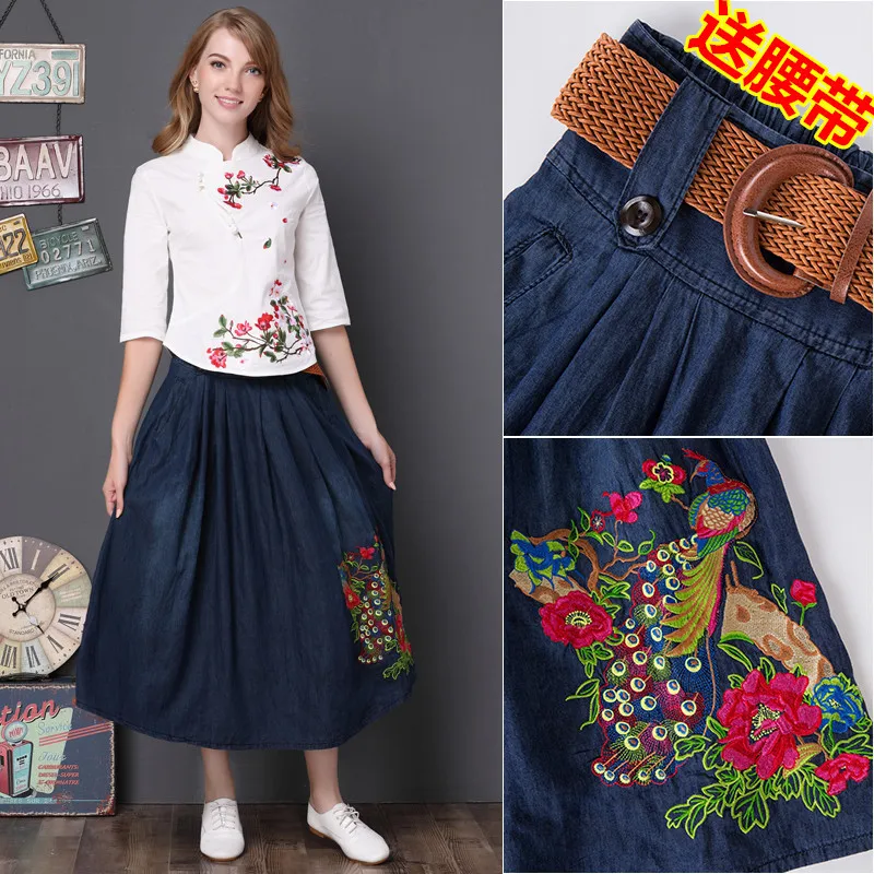 

Map Fish 2019 Autumn Large Size WOMEN'S Skirt Ethnic-Style Embroidered Denim Long Skirts Big Hemline Pleated Skirt Women's