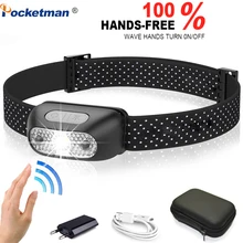 Супер яркий светодиодный налобный фонарь с датчиком движения, головной светильник, перезаряжаемый через USB, налобный светильник, портативный супер яркий налобный фонарь для кемпинга