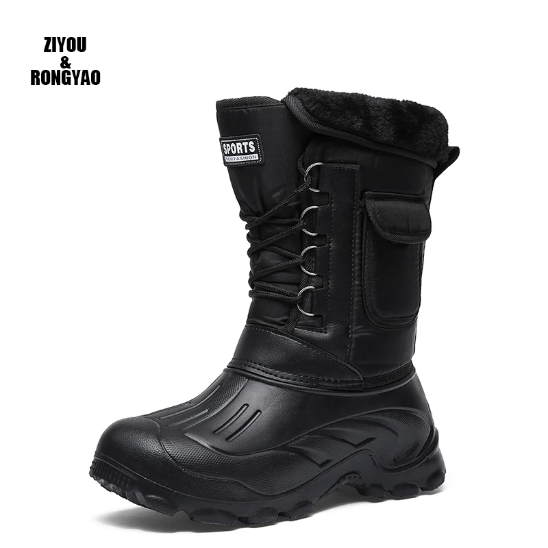 

Men Snow boots Waterproof Plus size 40-46 Mens Mid calf Boots Platform Plush Warm fur brand lace upShoes Winter Black
