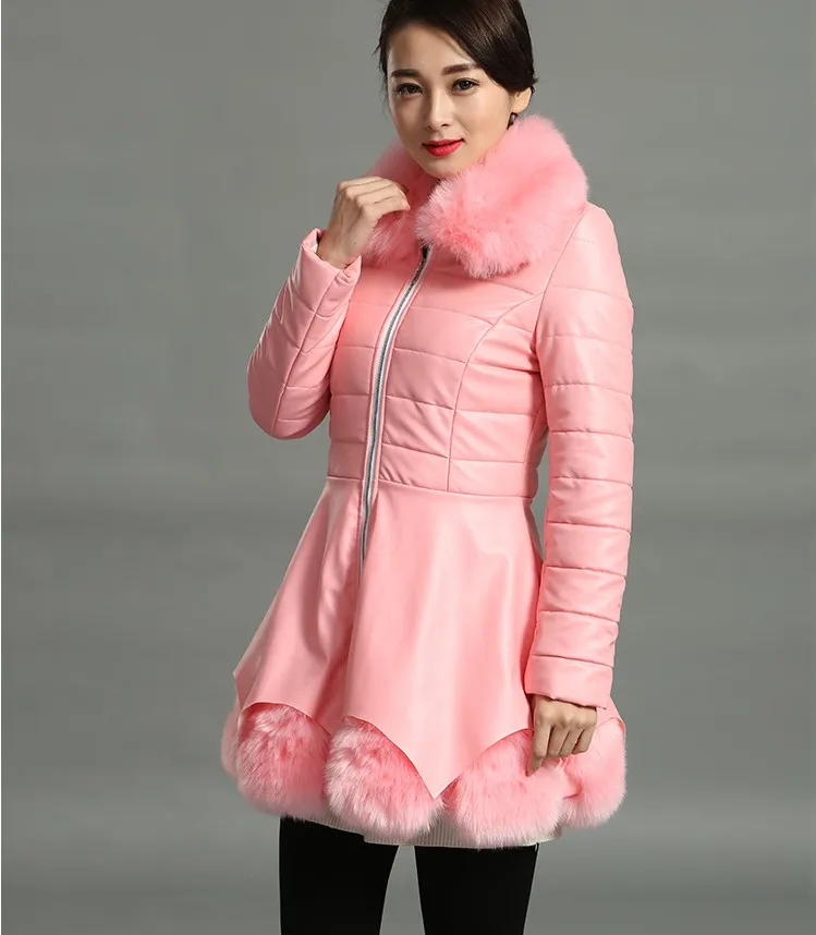 Hot Selling Women's Winter And Autumn Black PU Leather Jacket Motorcycle And Cotton Fur Coat Imitation Fox Fur Coat