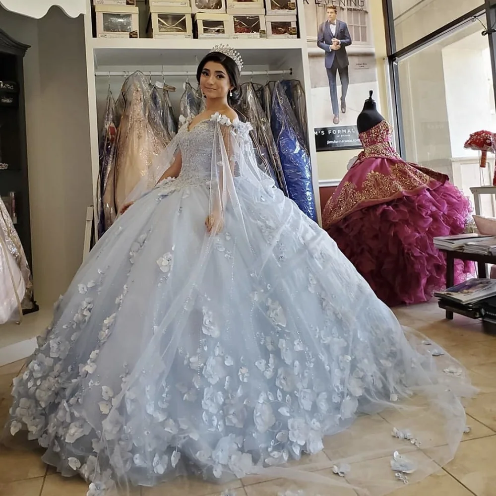 PROD 1005003066720200 Light Blue Ball Gown Quinceanera Dress With Cape
Off The Shoulder Flowers Beading Appliques Sweet 16 Dresses Vestidos De
15 Años