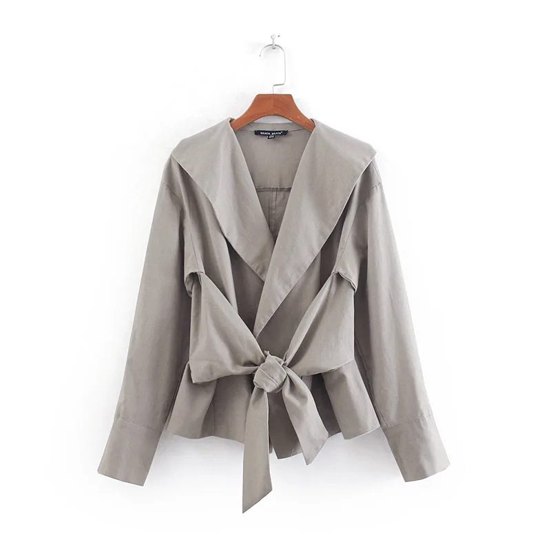 

2019 Spring And Summer Thin Ramie Simple Casual WOMEN'S Waistband Knot Linen Small Suit Cropped Jacket Long-sleeved Upper Garmen