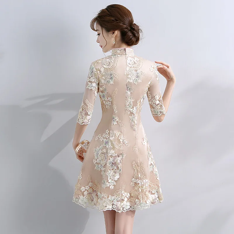 Современное китайское платье Qipao сексуальное Чонсам бежевые платья повседневные женские кружевные Традиционные вечерние платья Vestido восточные Свадебные