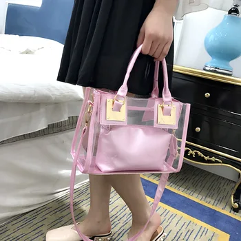 

Women's Transparent Two-piece Bag Sets Female Jelly Portable Shoulder Bag Soild Coor Clear Handbags