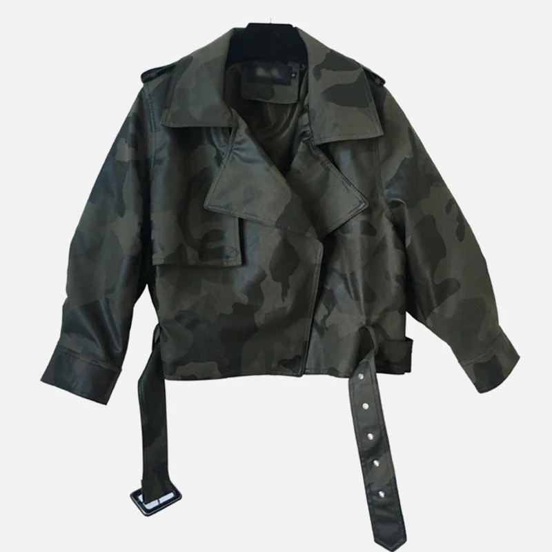 Camouflage print Женская байкерская куртка из искусственной кожи с зазубринами, черные облегающие корейские куртки с длинным рукавом для женщин, осенние женские повседневные пальто - Цвет: Camouflage print