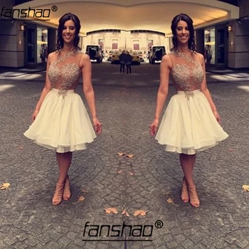 

Fanshao Illusion Homecoming Dresses White A-Line High Collar Knee Length Chiffon Beaded Elegant Cocktail Dresses Formal Occasion