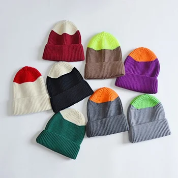 

Simple Fashion Children Autumn And Winter Wild Knitted Wool Hooded Hat Tide Kids Cap Stitching Baby Winter Warm Headgear