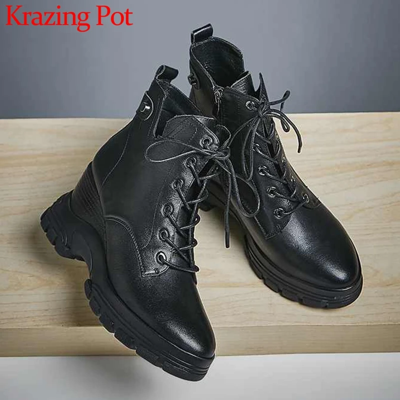 

krazing pot wedges thick bottom genuine leather leisure shoes round toe high heels lace up winter solid women ankle boots L10