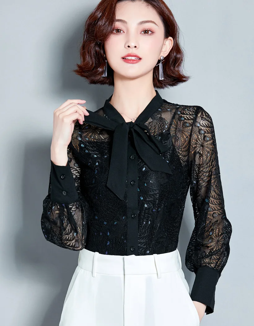 Blusas mujer de moda Осенняя кружевная рубашка с длинными рукавами сексуальная открытая женская блузка с бантом рубашка плюс размер Свободная Женская рубашка