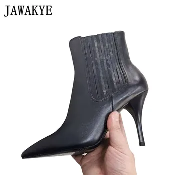 

Sexy Pointy Toe High Heel Ankle Boots Formal Ladies Black Leather Autumn Winter Leather Short Boots Formal Party Shoes Women