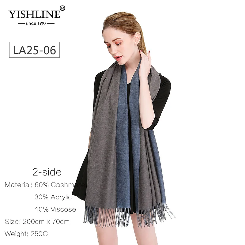 YISHLINE, женский зимний шарф, кашемир, толстый, 250 г, 2 стороны, узорные шали, осень, хиджаб, палантины, Длинные акриловые шарфы на голову
