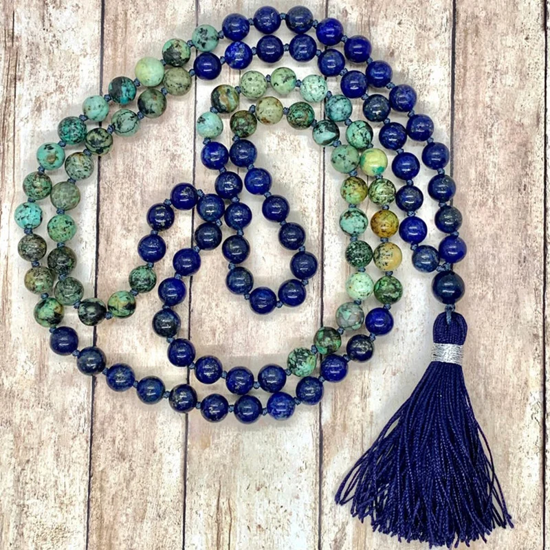 

Man Find Your Truth 108 Prayer Healing Meditation Stone Natural Lapis and African T-urquoise Tassel Necklace