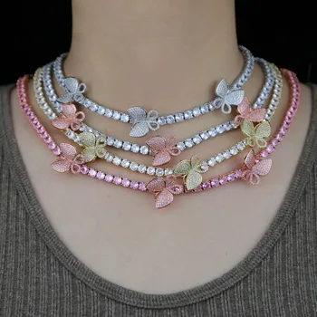 

Trendy Iced Out Bling Cz Miami Cuban Link Chain Butterfly Charm Choker Necklace Hip Hop Rock Bling Wide Cool Women Men Jewelry