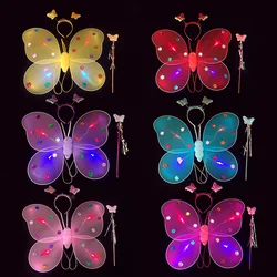 3Pcs LED Flashing Butterfly Wings Fairy Wands Headband Set Kids Girl Light Dress Up Props Birthday Halloween Rave Party Supplies