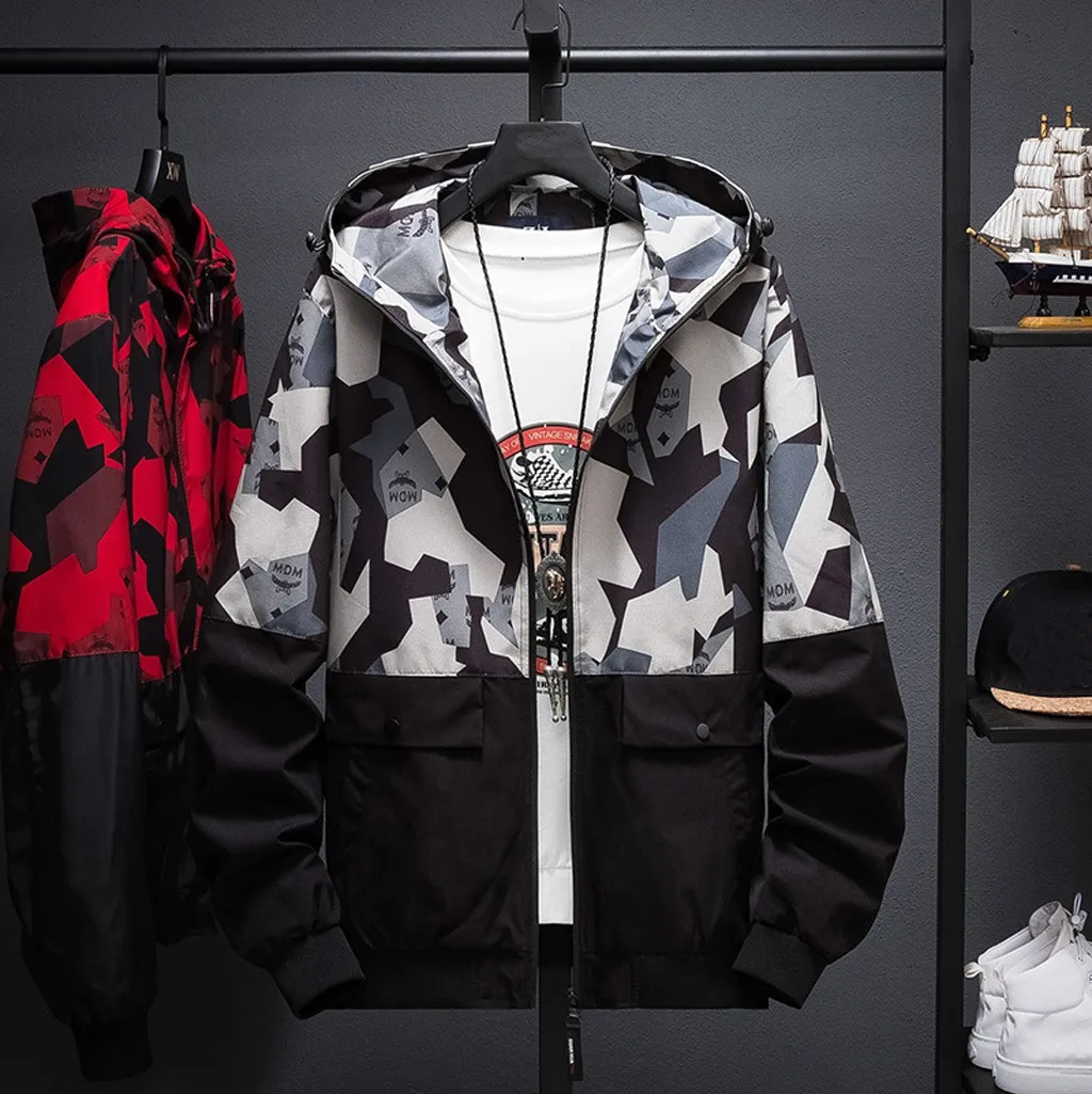 

Men's Autumn Casual Fashion Camouflage Printing Patchwork Hoodie Thin Coat Tracksuit Coat Men Hip Hop Streetwear Jacket Men Y930