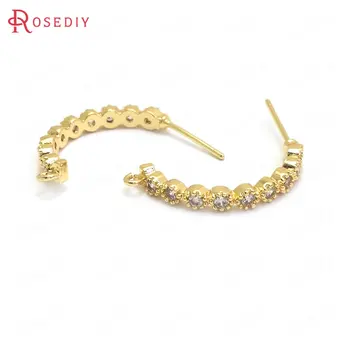 

(37362)6PCS 22x3MM 24K Gold Color Brass and Zircon Half Circle Stud Earrings Pins High Quality Jewelry Making Supplies Findings