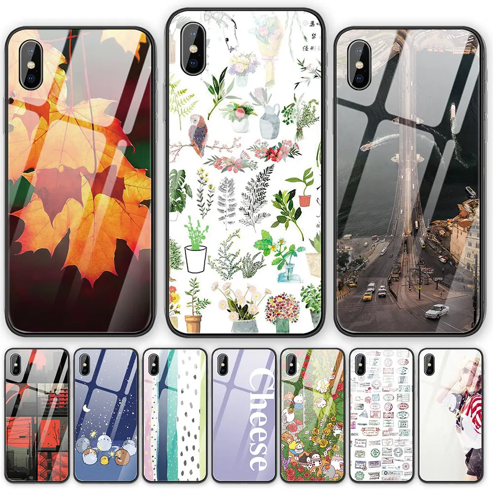 Чехол для телефона с цветными листьями из закаленного стекла iPhone 5 5S SE 6 6S 7 8 Plus X XS XR