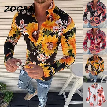 

ZOGAA 2020 Spring Autumn Men's Causal Long Sleeve Flower Printed Shirt Fit Slim Blouse Top Hawaiian Style 2020