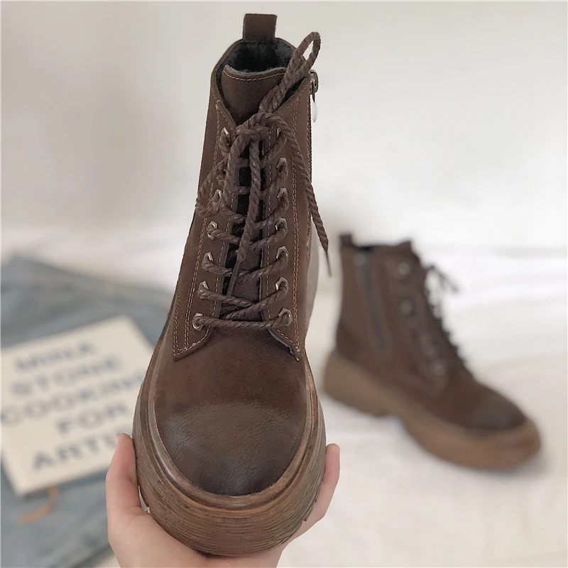 

LMCAVASUN women combat boots Square Casual Round Toe Lace Up Zipper Ankle Boots Autumn Winter Cow Suede Fashion Women Shoes