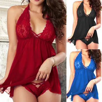 

Sexy Women Summer Lingerie Nightwear Lace V-Neck Solid Sleepwear Dress