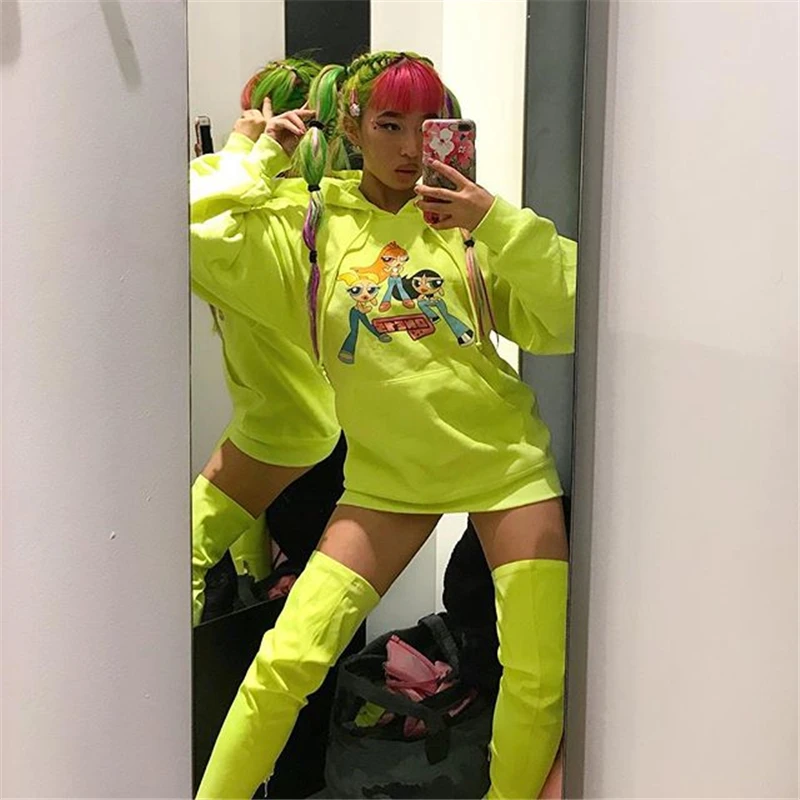 Harajuku Забавный принт с героями мультфильмов, толстовка с капюшоном в стиле унисекс бренд флуоресцентный зеленый толстовки Для женщин панк обувь для девочек в стиле «хип-хоп» в уличном стиле