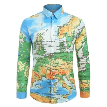 

2020 men long sleeve shirt young man new spring leisure world map digital print shirt