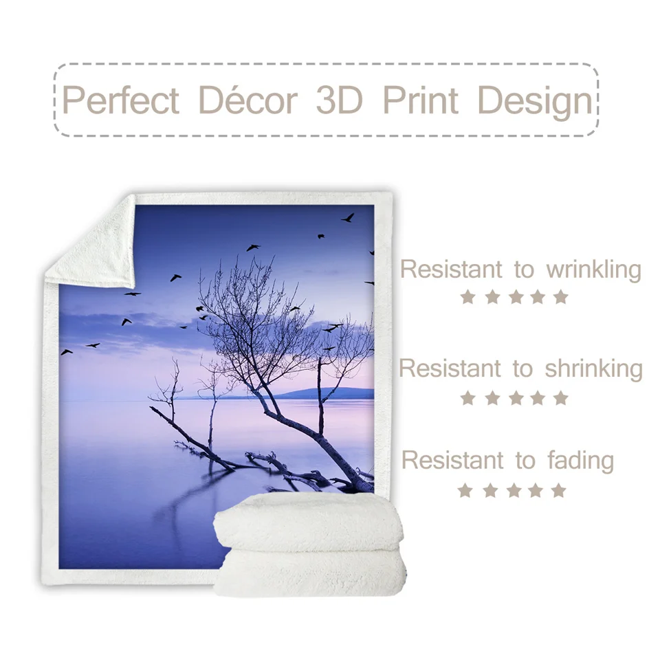 BeddingOutlet, 3D принт, плюшевое покрывало, закат, озеро, птицы, постельное одеяло, голубое, фиолетовое, шерпа, одеяло, дерево, пейзаж, льняное одеяло
