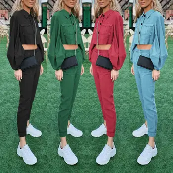 

2Pcs Casual Women Autumn Single-breasted Crop Top High Waist Long Pants Outfits Suitable for work travel shopping daily wear