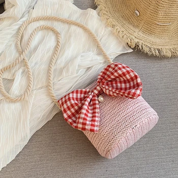 

2020 Summer Beach Bucket Woman Woven Solid Color Zip Shoulder Bag Straw Soft Bow Pearl Crossbody Versatile Purses And Handbags