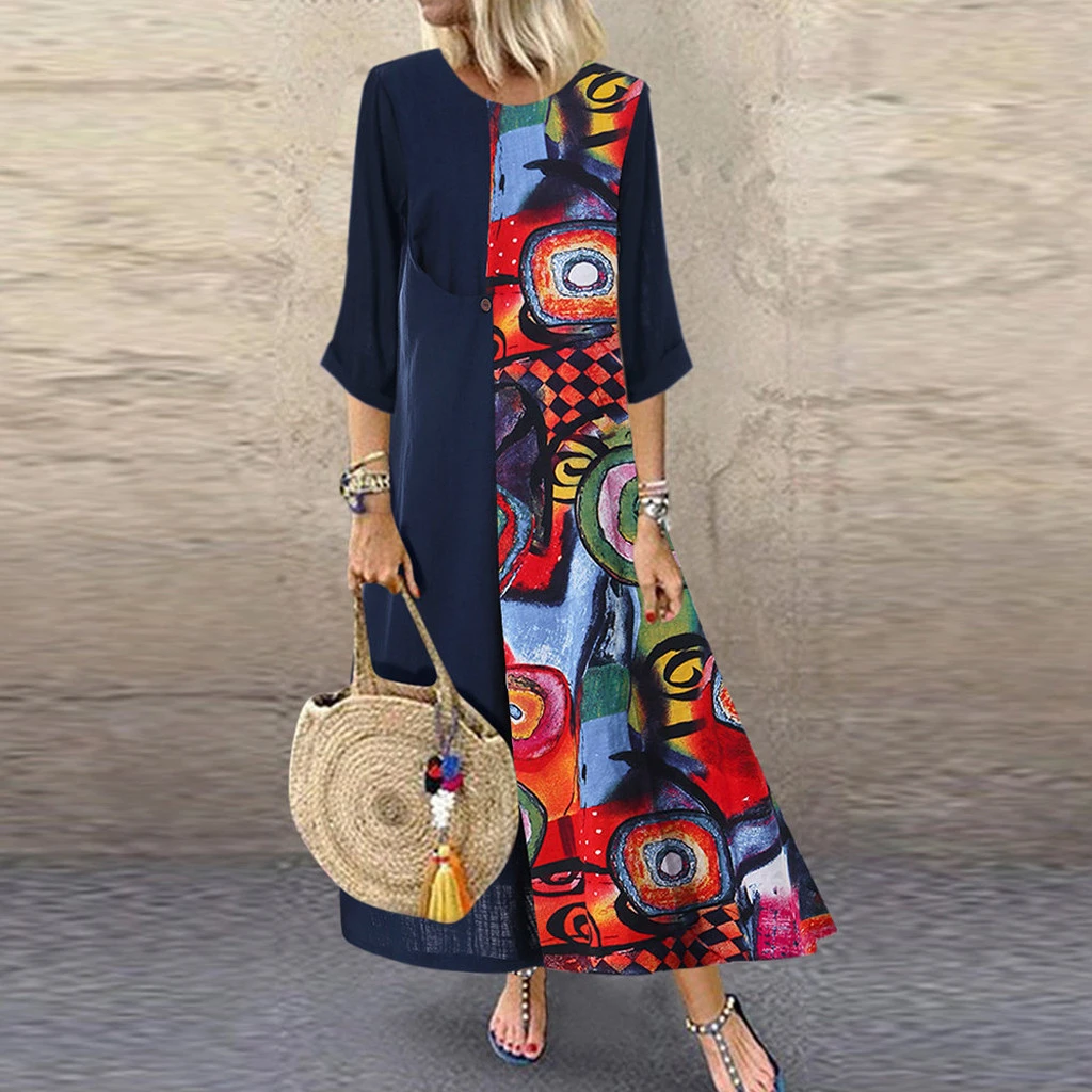 FREE OSTRICH Autumn Dress Winter Loose Print Mid Length Beach Dresses Women O Neck Party Dress Retro Hippie Vestidos 807