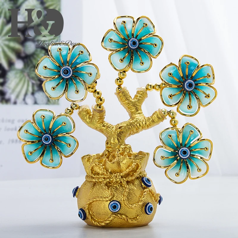 H& D Fengshui синий сглаза дерево фигурка деньги защита Фортуны дерево декор на удачу подарок зеленый цветок с золотым богатством мешок