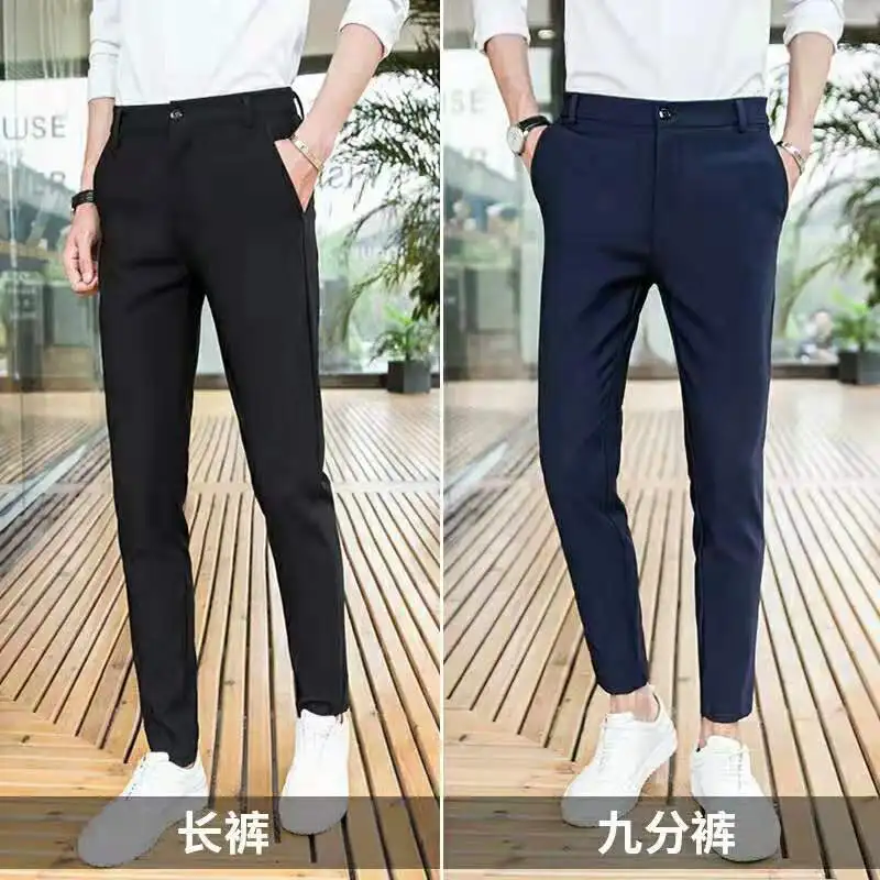 

Men's Casual Pants Korean Fashion Suit Dress Pants Spring Summer Stretch Male Pencil Pants Ankle Length Male Trousers Black Blue