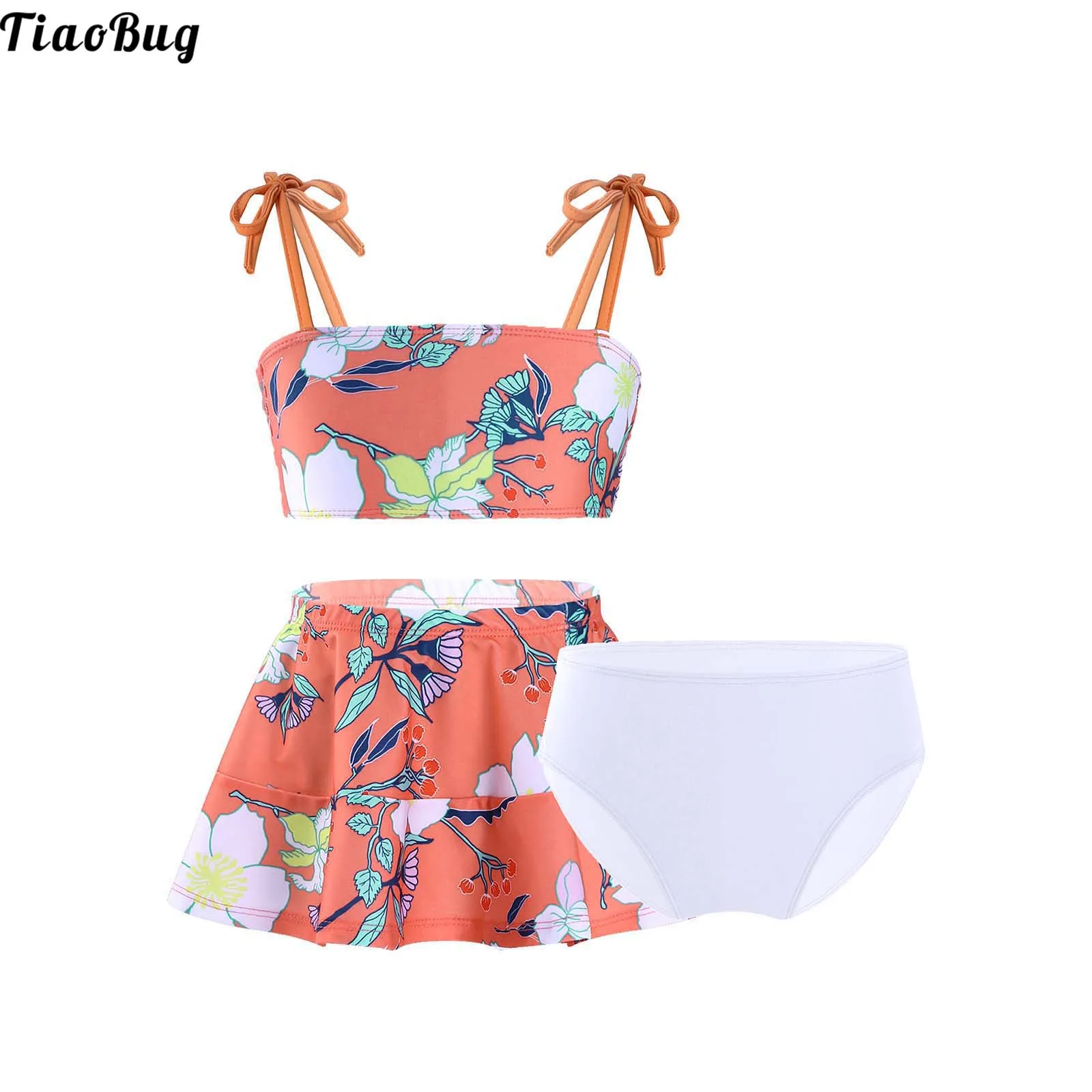 

Летние пляжные купальники TiaoBug для девочек, 3 шт., купальник для бассейна с цветочным принтом, купальник на бретелях, топы-трусы с юбкой и трусики, бикини