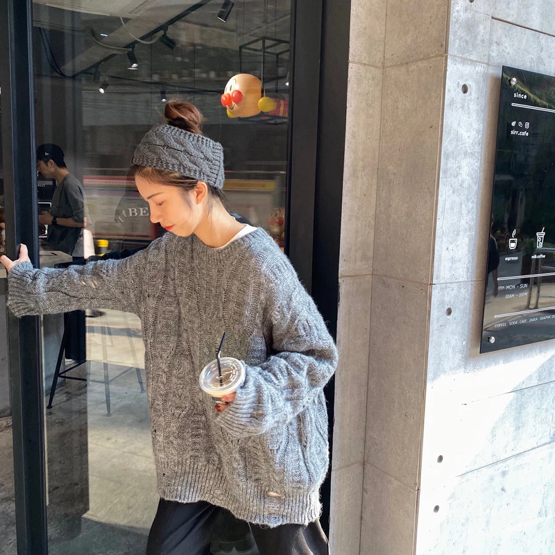 Женский Однотонный свитер с круглым вырезом и длинными рукавами, студенческий осенний зимний корейский Ретро вязаный свитер с дырками ML142