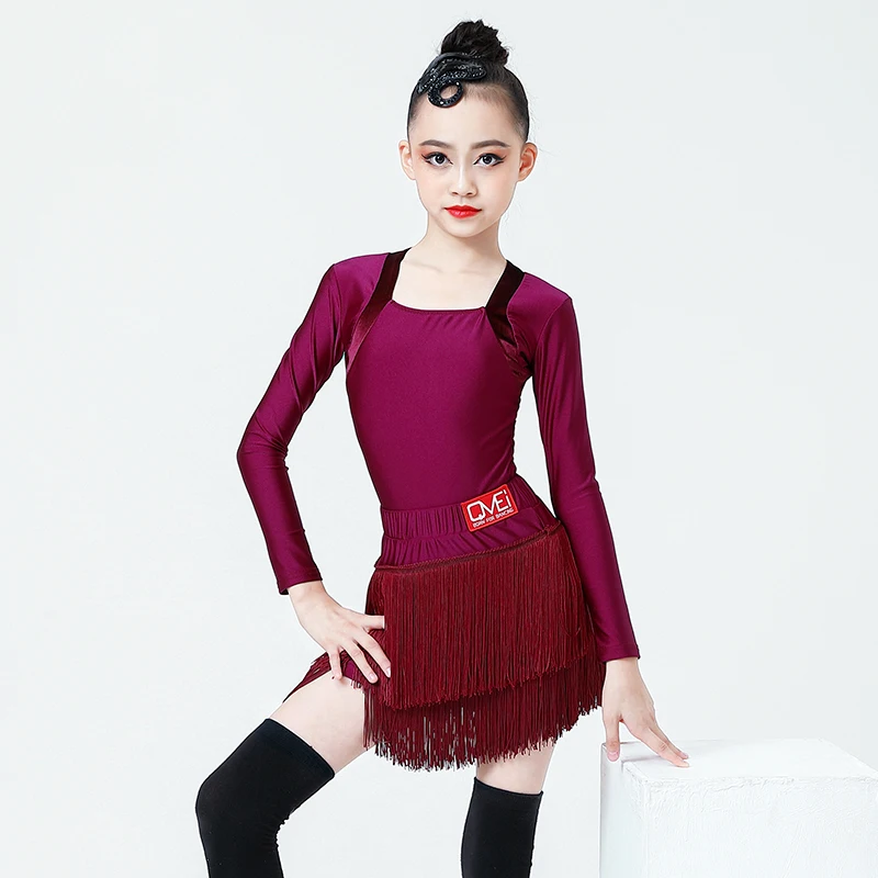 

Square Collar Latin Dance Performance Stage Clothing Girls Autumn Long Leotard Skirt Outift Rumba Samba Competition Wear YS2350
