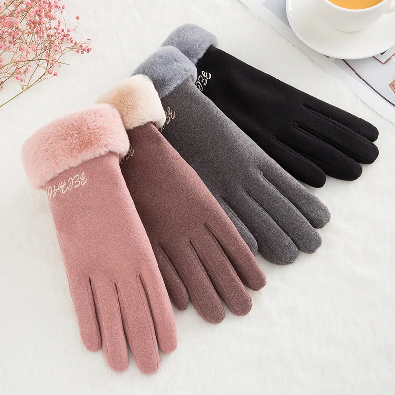 

Touch Screen Mittens Five Fingers Plush Wrist Women Thick French romantic style Winter Warm Cashmere Driving Gloves Charming
