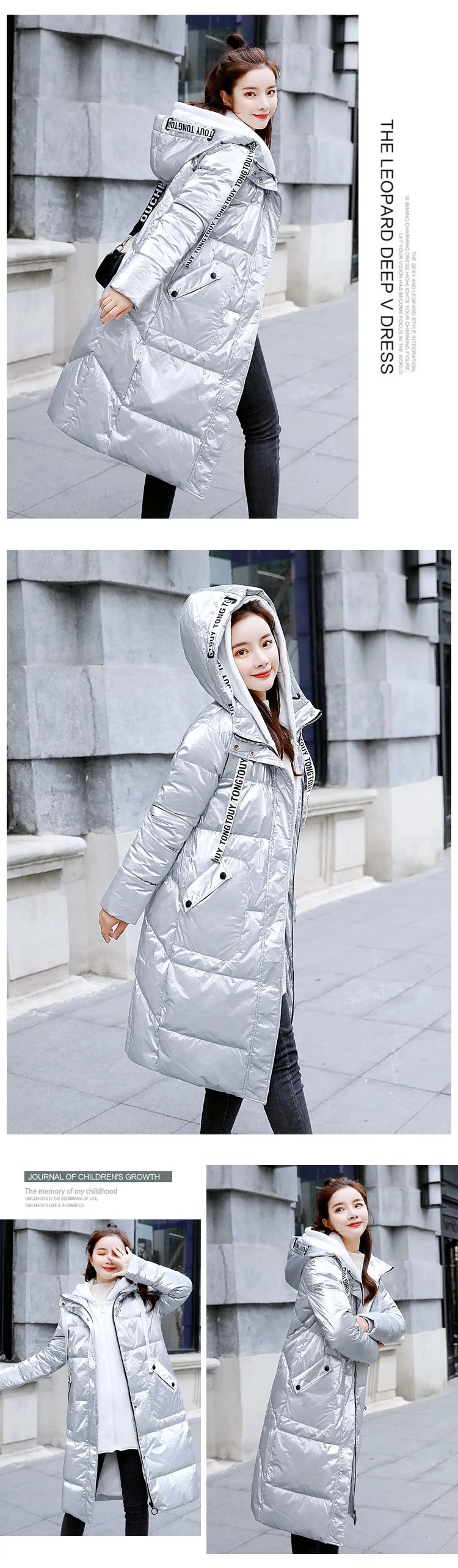 Ozhouzhan/, зимний стиль, новые модели, имитация двух частей, с капюшоном, блестящий большой карман, боковой край, молния, белый утиный пух, куртка Fa