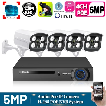 

H.265 4CH 5MP POE Security Camera System Kit 4PCS 5MP HD POE IP Camera Outdoor Waterproof CCTV Video Surveillance Audio NVR 2TB