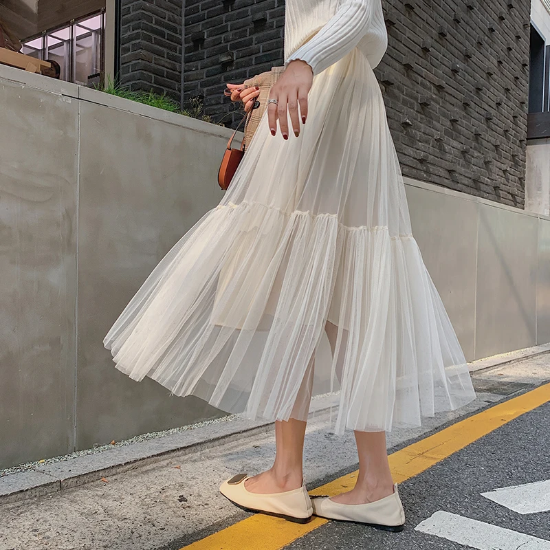 Женская сетчатая длинная Плиссированная Юбка Зима Весна Повседневная модная юбка элегантные Лоскутные макси юбки черные белые зеленые абрикосовые