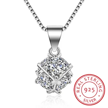 

925 Sterling Sliver Cubic Square Cube Candy Zirconia Ball Pendant Necklace For Women 45cm Chain collares S-N105