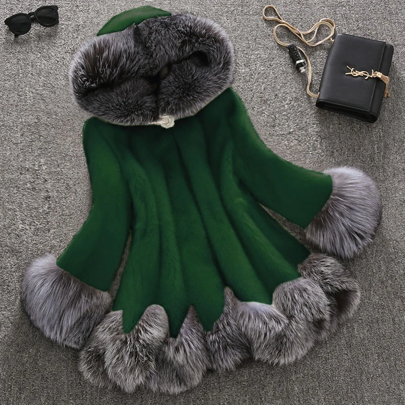 Роскошная женская зимняя теплая куртка из искусственного меха размера плюс 10xl, Женская куртка из лисьего кроличьего меха с капюшоном, пальто с имитацией юбки, стильная теплая меховая куртка