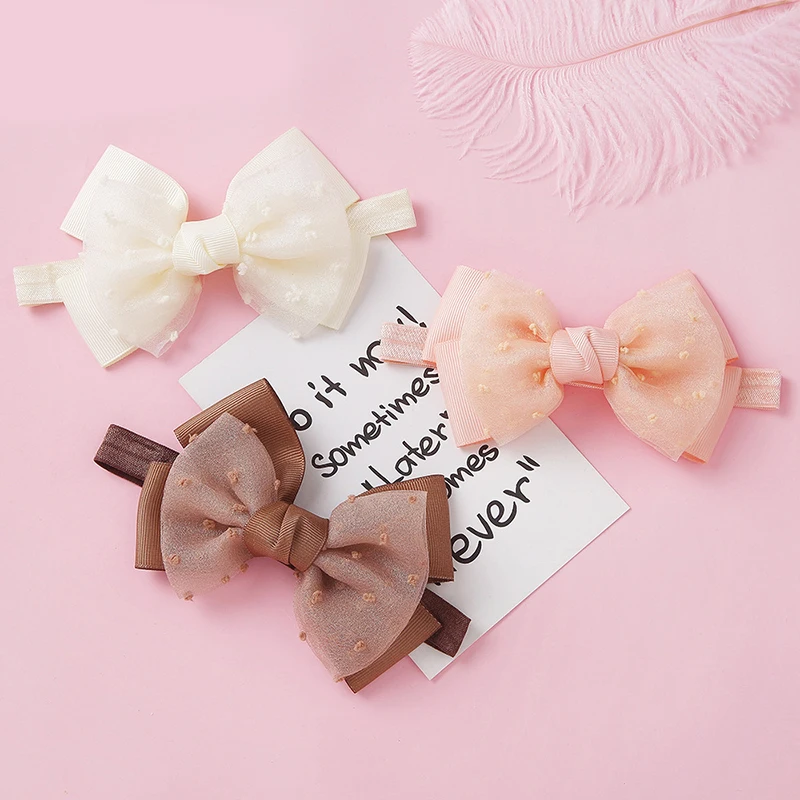 Girls Hair Ribbon Handmade Infantile Kid Headband Sequins Gauze Bow Toddlers Elastic Band Pure Color Mesh Headdress | Аксессуары для