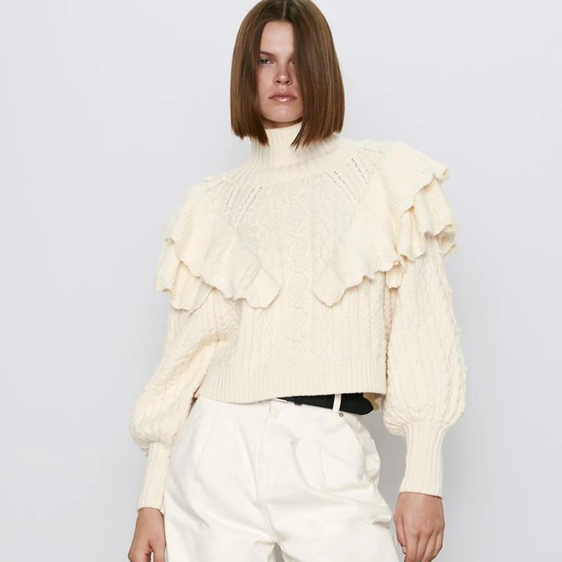 AGong Solid Turtleneck Sweaters Women Fashion Cascading Ruffle Sweater Elegant Puff Sleeve Female Ladies JY |
