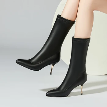 

Elegant microfiber Leather Ladies Boots Female Pointed Toe thin high heels Heels mid-calf boots New Wedding Dancing Shoes Woman