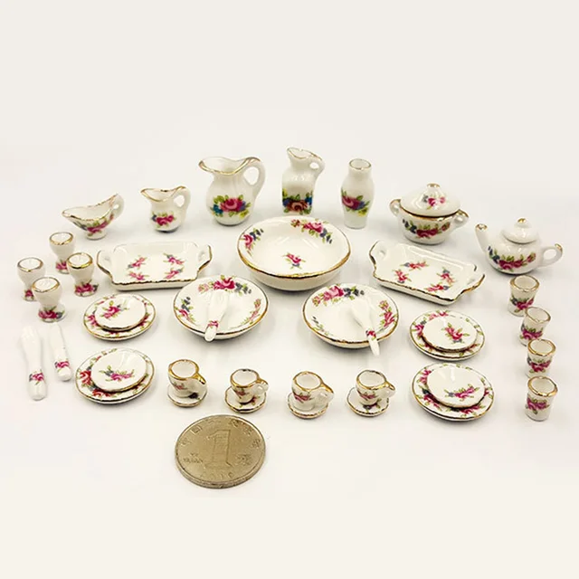 Miniature doll house pink Flower Patten Porcelain Coffee Tea Cups Ceramic Tableware Dollhouse Kitchen Accessories 4
