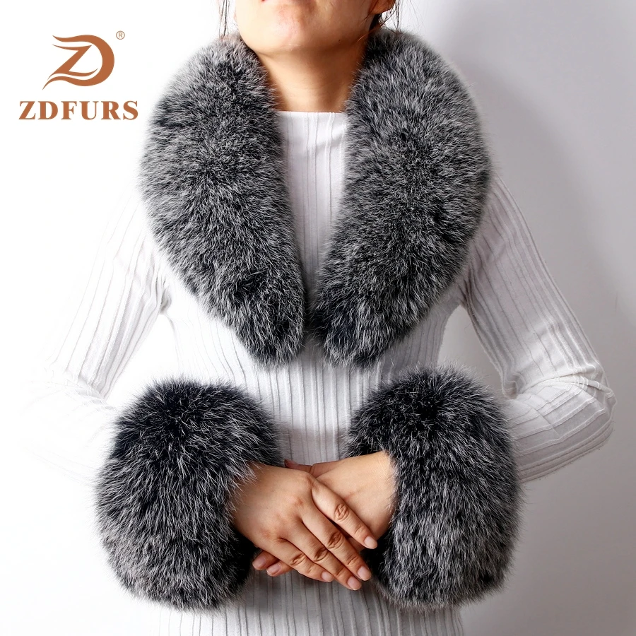 

ZDFURS* 2019 New Arrival Real Fox Fur / Raccoon Fur Collar Cuffs Women Winter Fashion fur collar and cuff one set