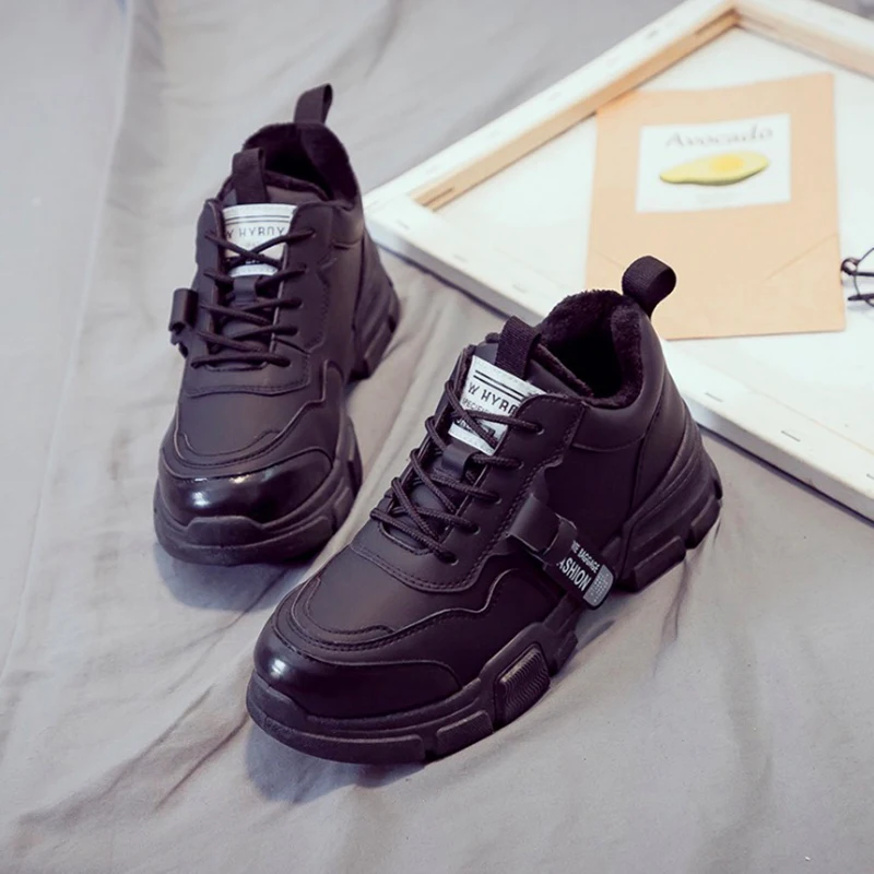 Женская Повседневная обувь; коллекция года; Модные женские кроссовки из искусственной кожи; обувь на плоской подошве; теплая плюшевая женская обувь на платформе; зимняя обувь с высоким берцем - Цвет: black women shoes