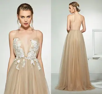 

New Sexy Champagne Boho Wedding Dress 2021 Appliqued with Flowers Tulle A-Line Sexy Backless Beach Bride Dress Wedding Gown
